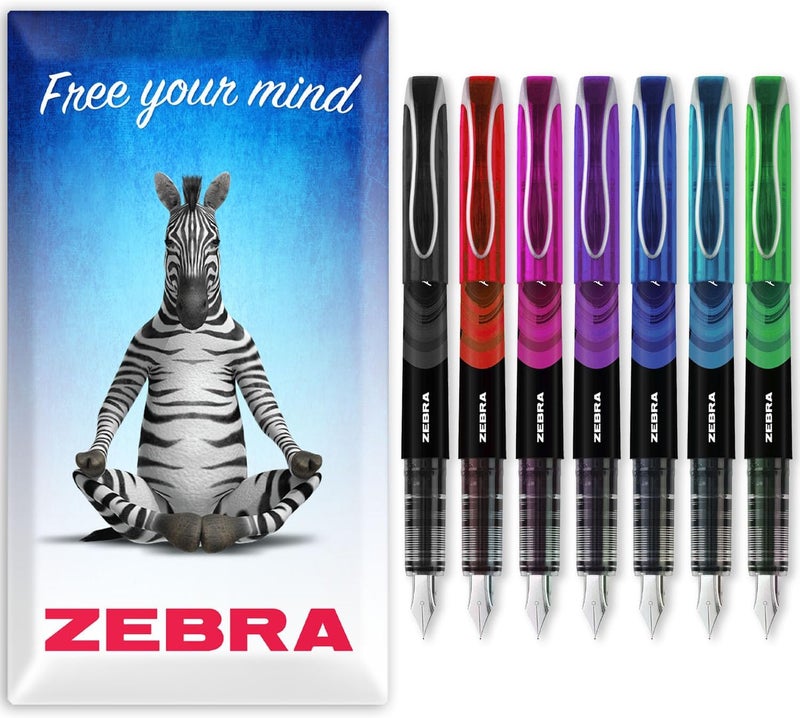 Zebra Technologies Zebra Fuente Pen - Disposable Fountain Pens - Pack of 7 - Black, Red, Pink, Violet, Blue, Light Blue & Green - In Zebra Cardboard Gift Box - Image 1